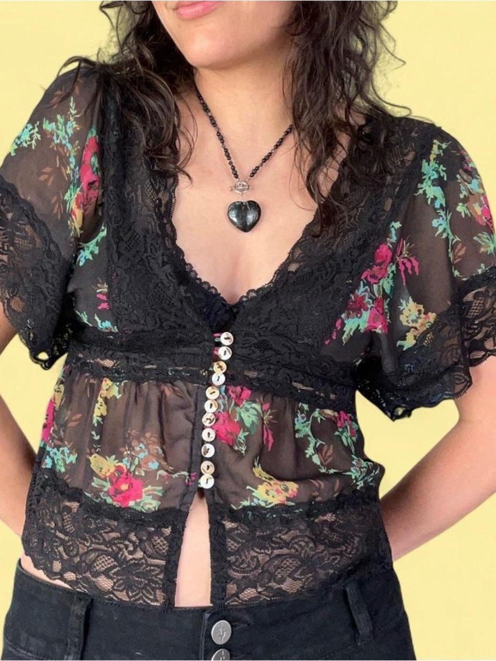 Sheer Black Floral Lace Button-Up Top
